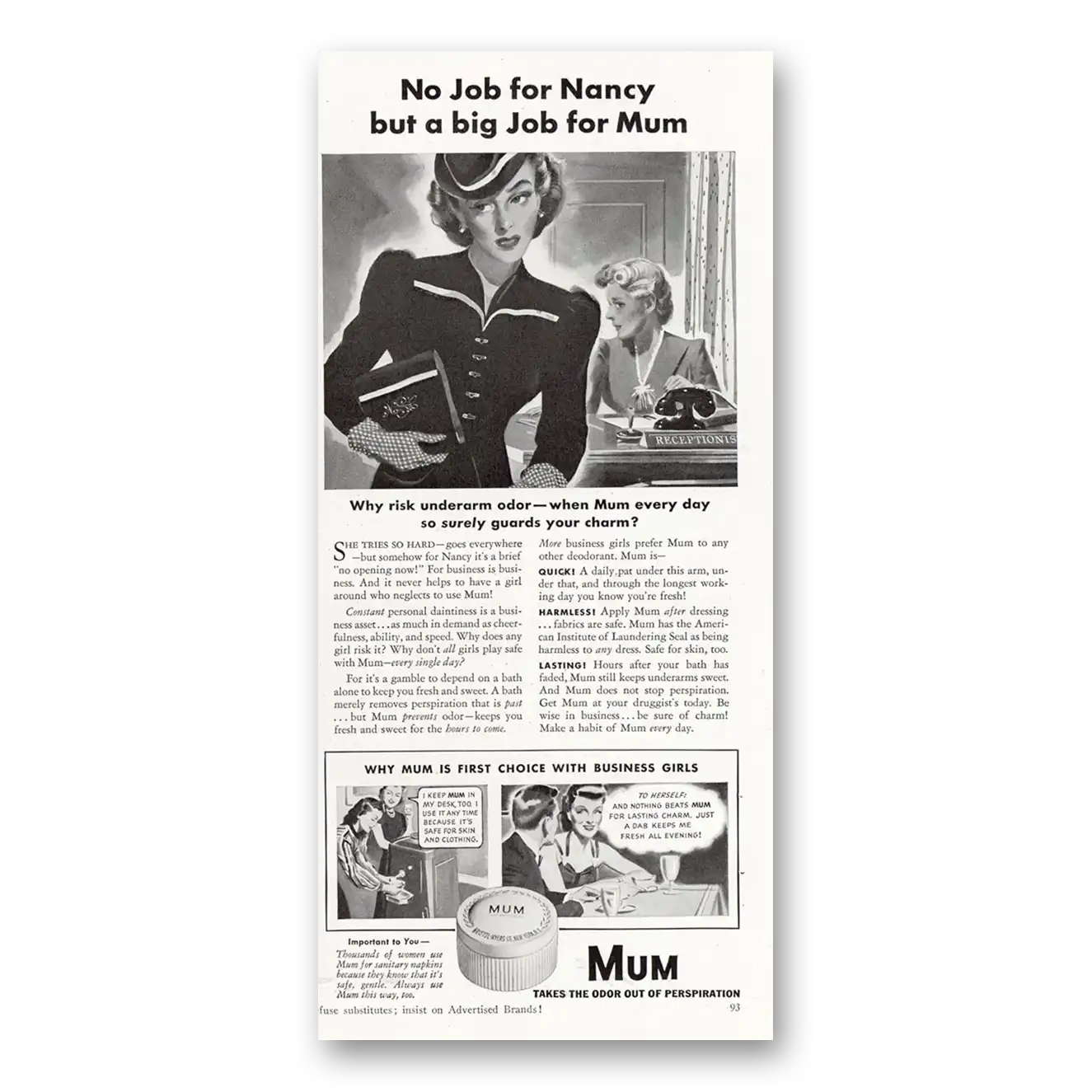 1940 Mum Deoderant No Job for Nancy But a Big Job for Mum Vintage Magazine Print Ad