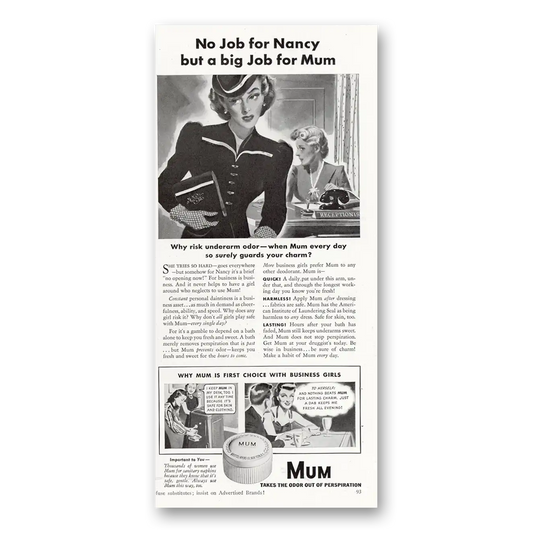 1940 Mum Deoderant No Job for Nancy But a Big Job for Mum Vintage Magazine Print Ad