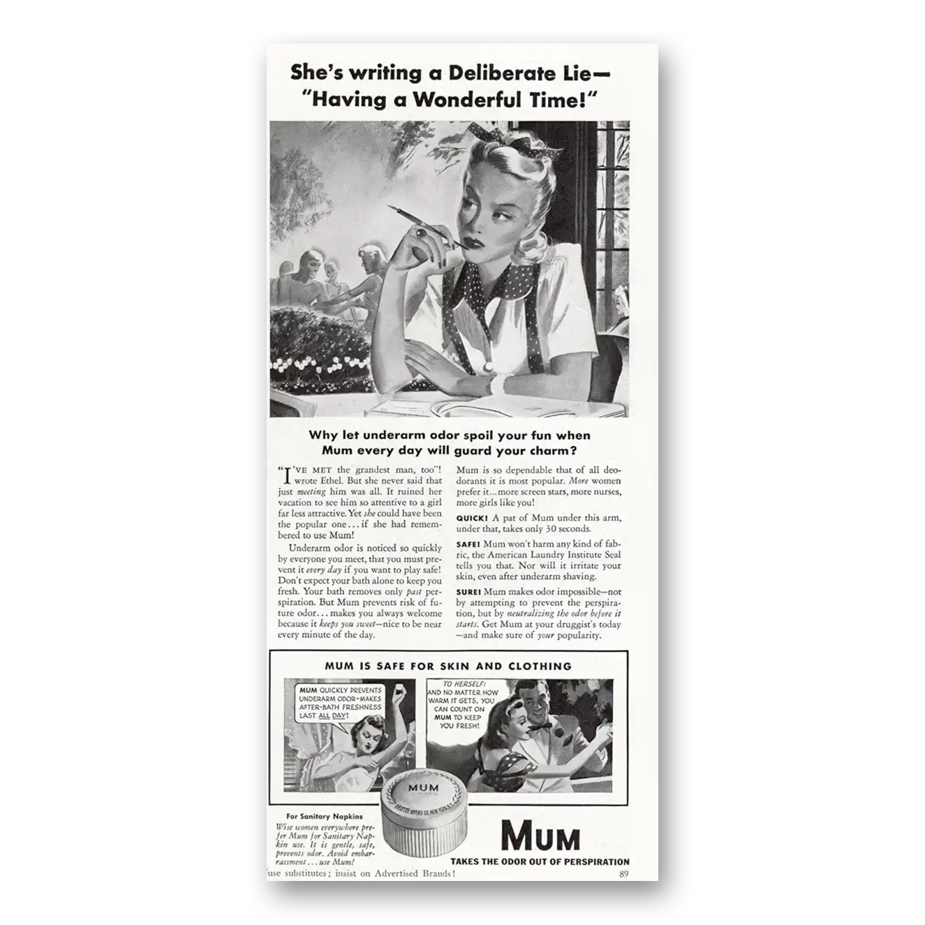 1940 Mum Deoderant Writing a Deliberate Lie Vintage Magazine Print Ad