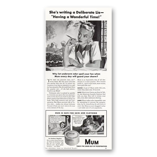 1940 Mum Deoderant Writing a Deliberate Lie Vintage Magazine Print Ad