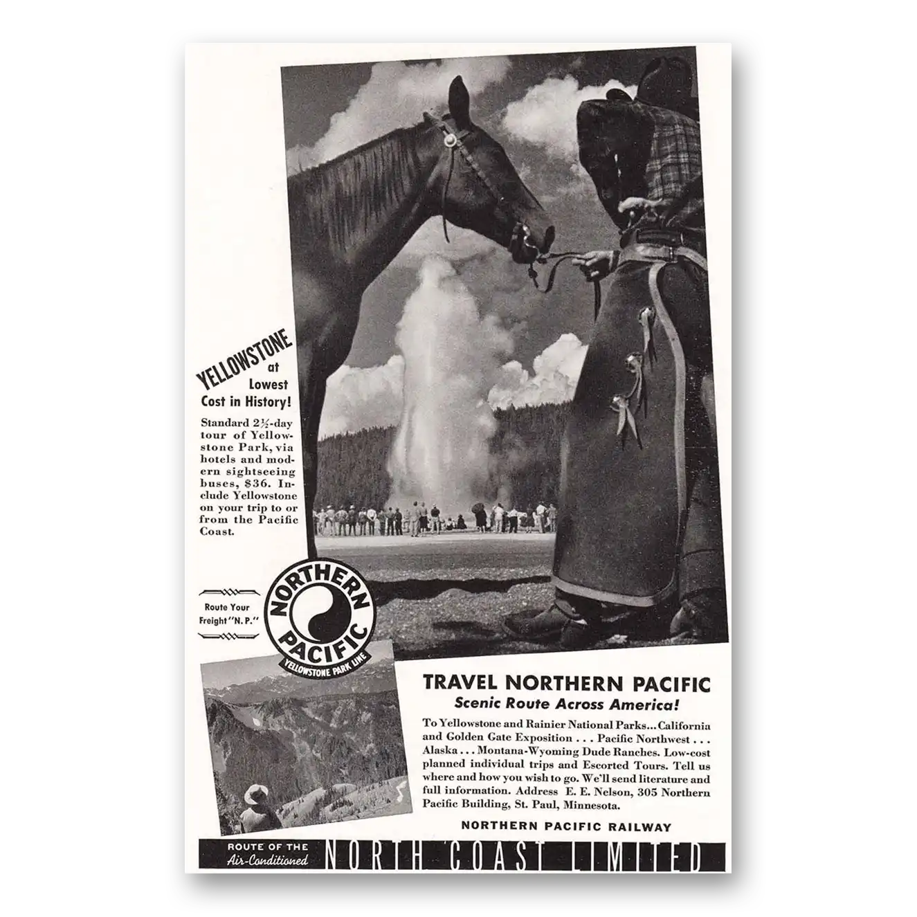 1940 North Coast Limited Yellowstone Lowest Cost In History Vintage Magazine Print Ad