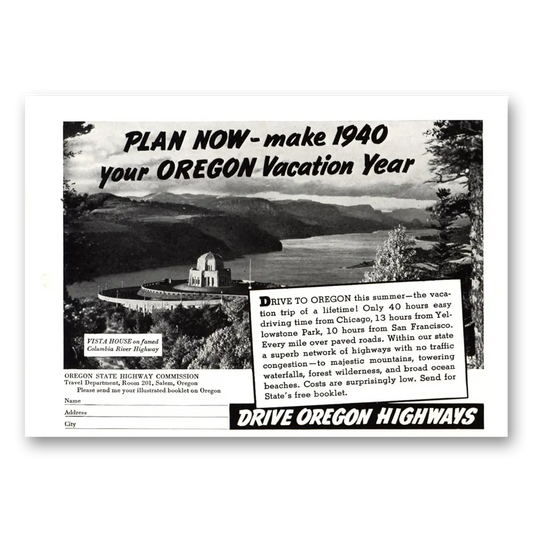 1940 Oregon Plan Now Make Your Oregon Vacation Year Vintage Magazine Print Ad