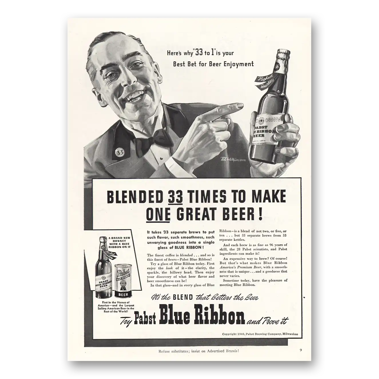 1940 Pabst Blue Ribbon Beer Blended 33 Times Vintage Magazine Print Ad