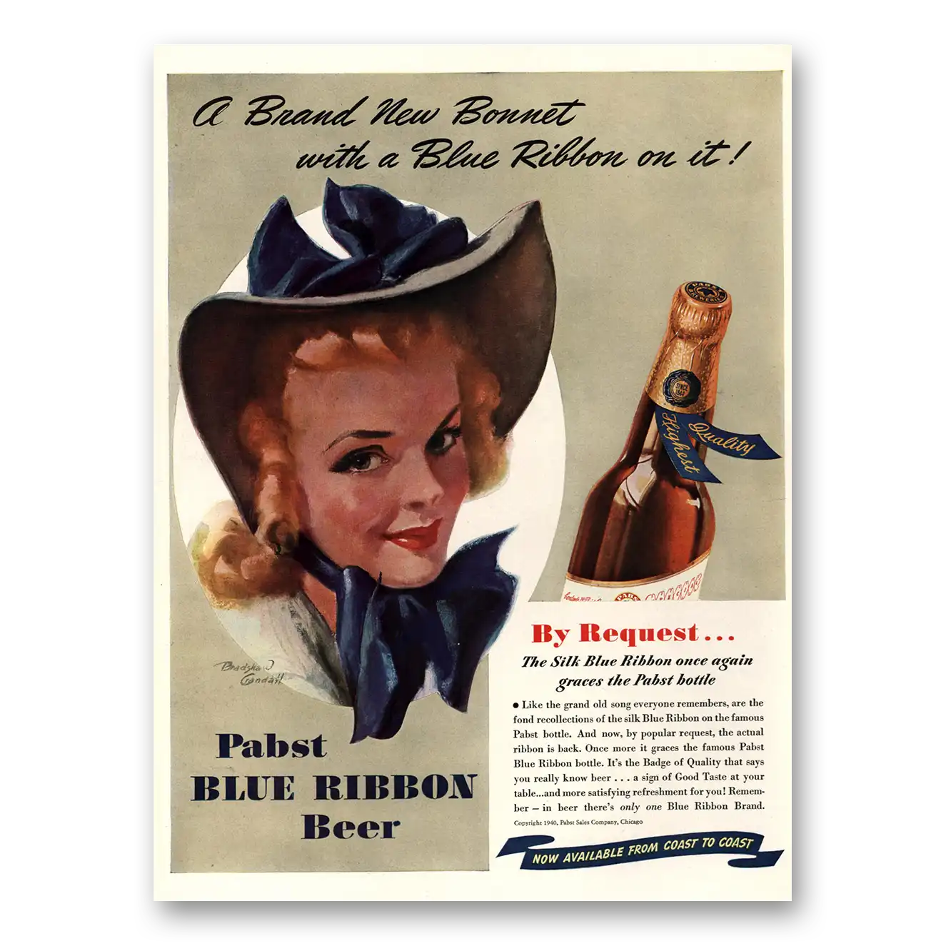 1940 Pabst Blue Ribbon Beer Brand New Bonnet Vintage Magazine Print Ad