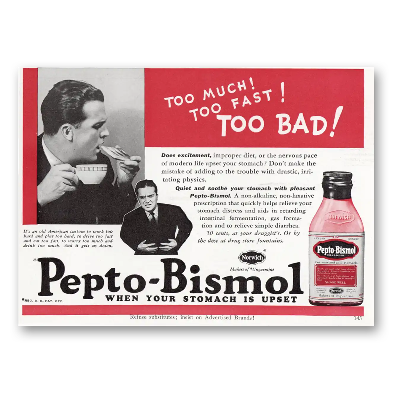 1940 Pepto Bismol Too Much Too Fast Too Bad Vintage Magazine Print Ad