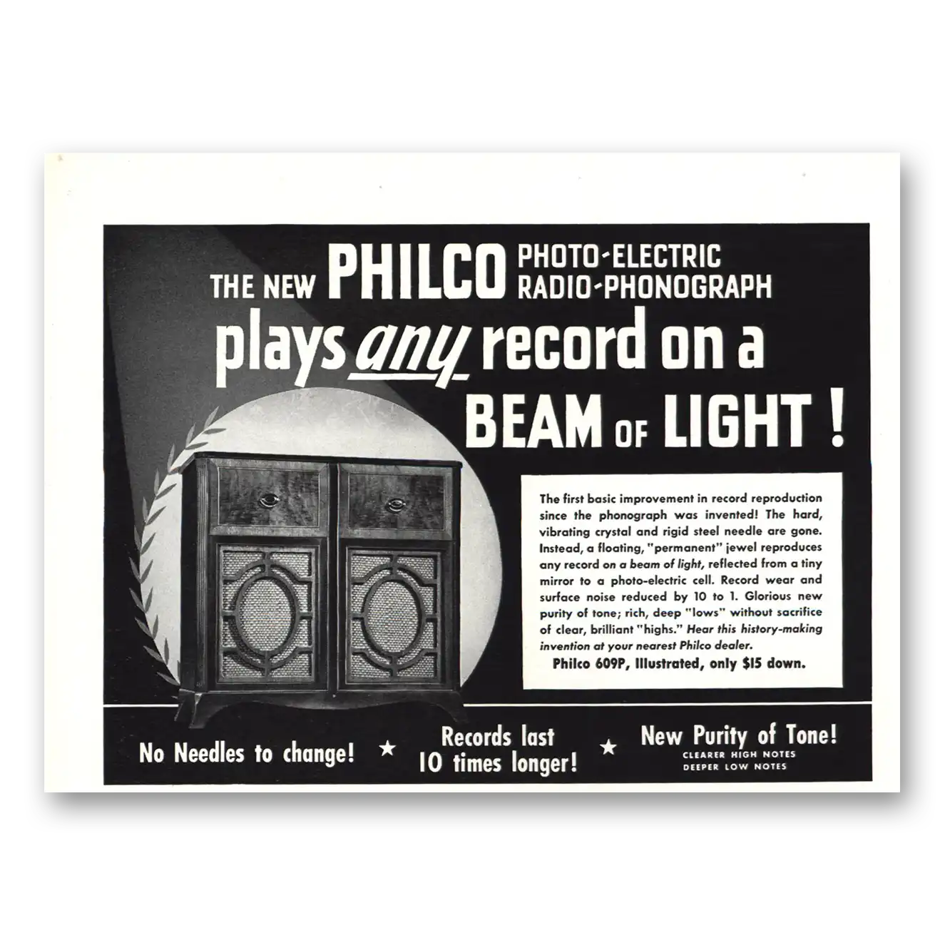 1940 Philco Radio Phonograph Beam of Light Vintage Magazine Print Ad