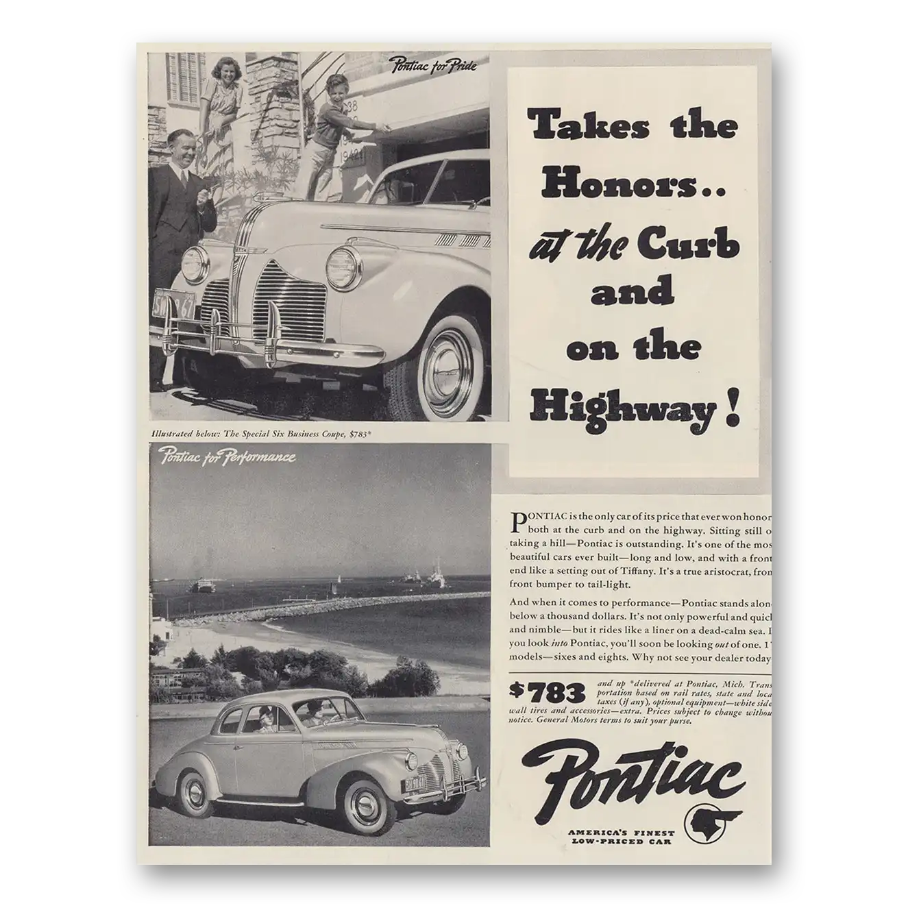 1939 Pontiac Special Six Takes the Honors at the Curb and On the Highway Vintage Magazine Print Ad