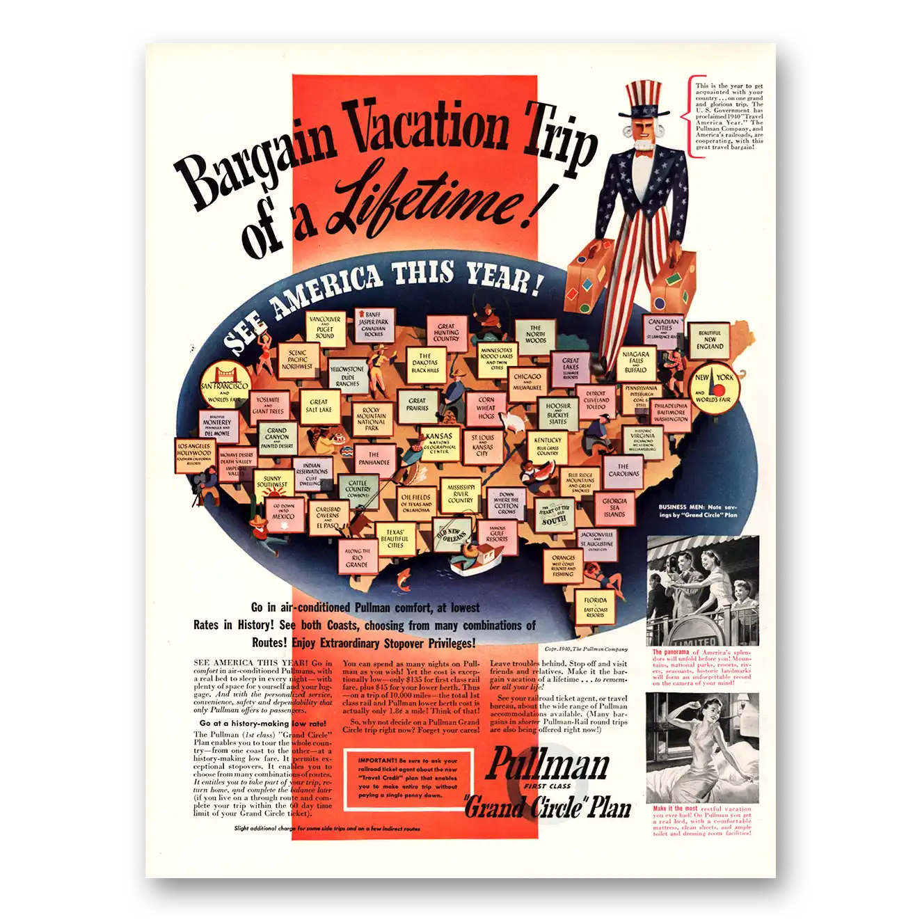 1940 Pullman Bargain Vacation Trip of Lifetime Vintage Magazine Print Ad