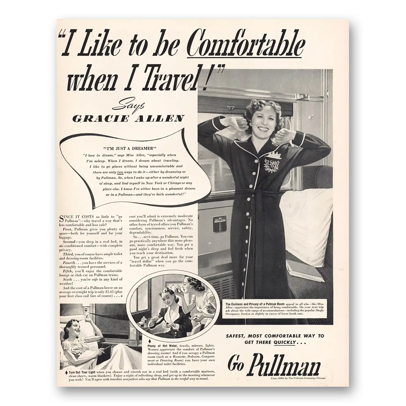 1940 Pullman I Like to Be Comfortable When I Travel Vintage Magazine Print Ad