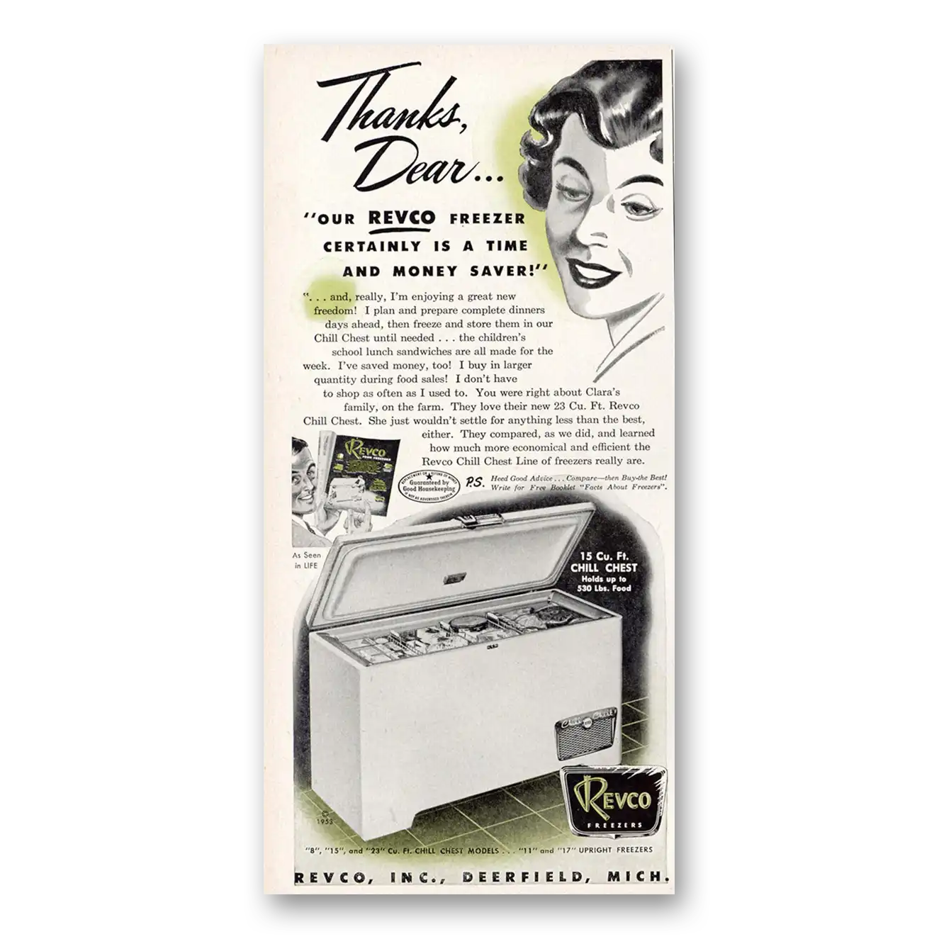 1953 Revco Freezers Thanks Dear Vintage Magazine Print Ad