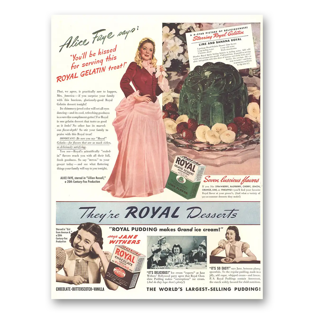 1940 Royal Gelatin Alice Faye Vintage Magazine Print Ad