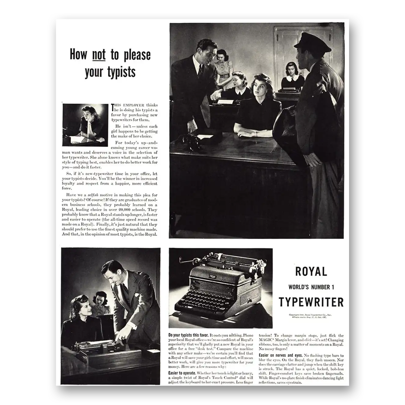 1940 Royal Typewriter How Not to Please Your Typists Vintage Magazine Print Ad