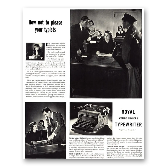 1940 Royal Typewriter How Not to Please Your Typists Vintage Magazine Print Ad