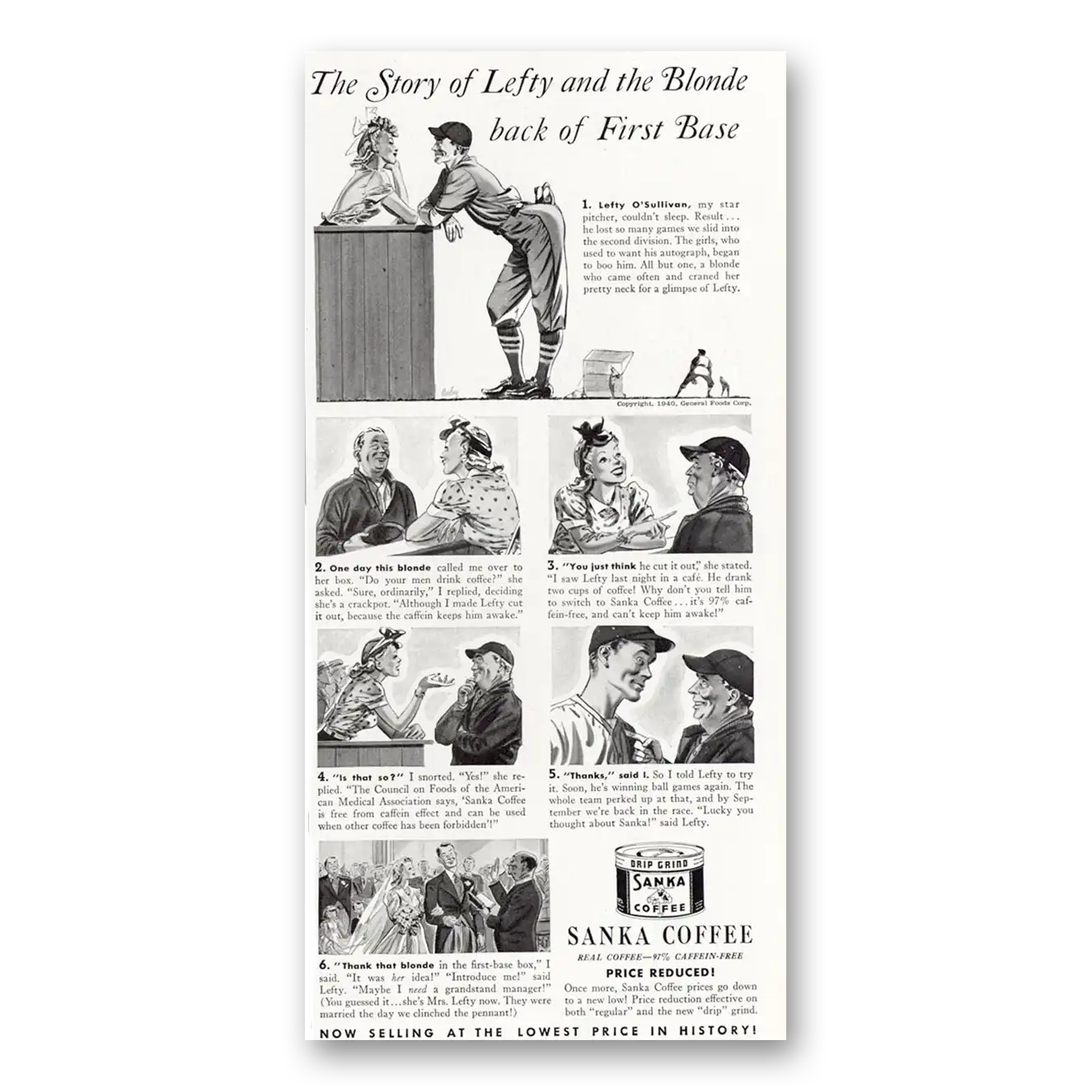 1940 Sanka Coffee Story of Lefty and the Blonde Vintage Magazine Print Ad