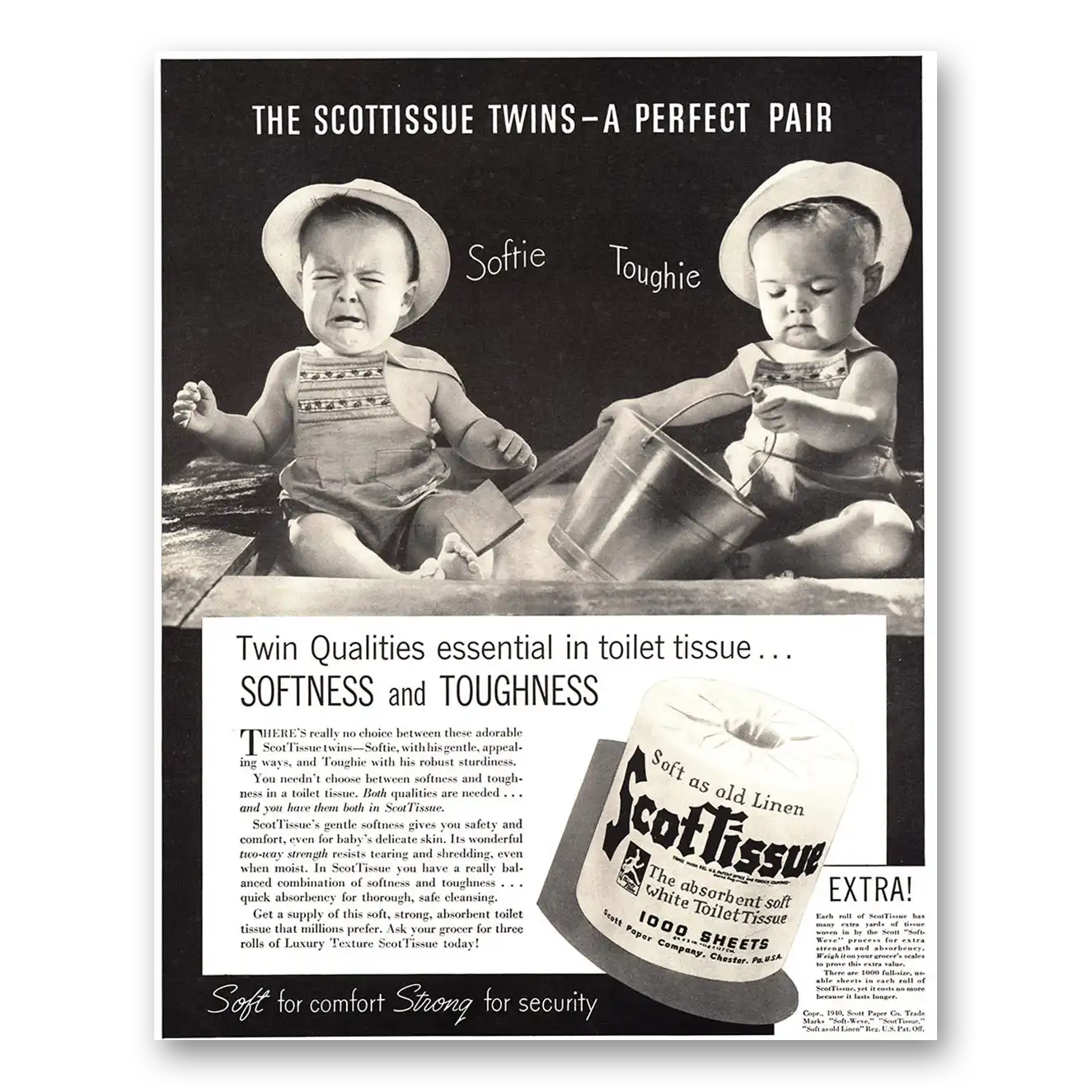 1940 Scot Tissue Twins a Perfect Pair Softie Toughie Vintage Magazine Print Ad