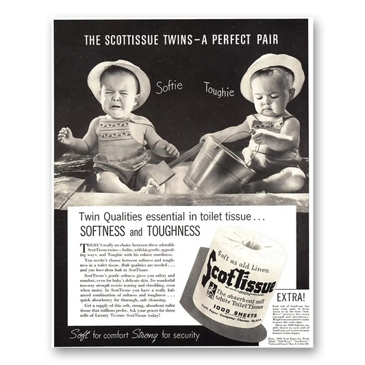 1940 Scot Tissue Twins a Perfect Pair Softie Toughie Vintage Magazine Print Ad