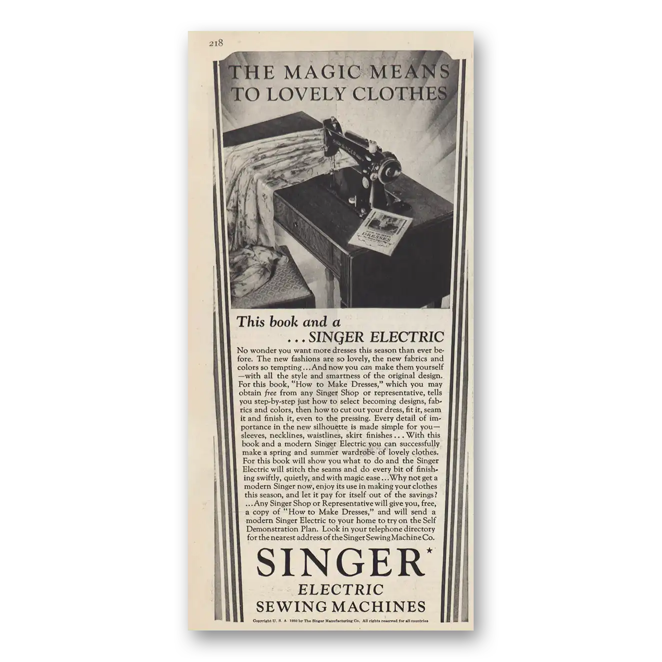 1930 Singer Sewing Machine Magic Means to Lovely Clothes Vintage Magazine Print Ad