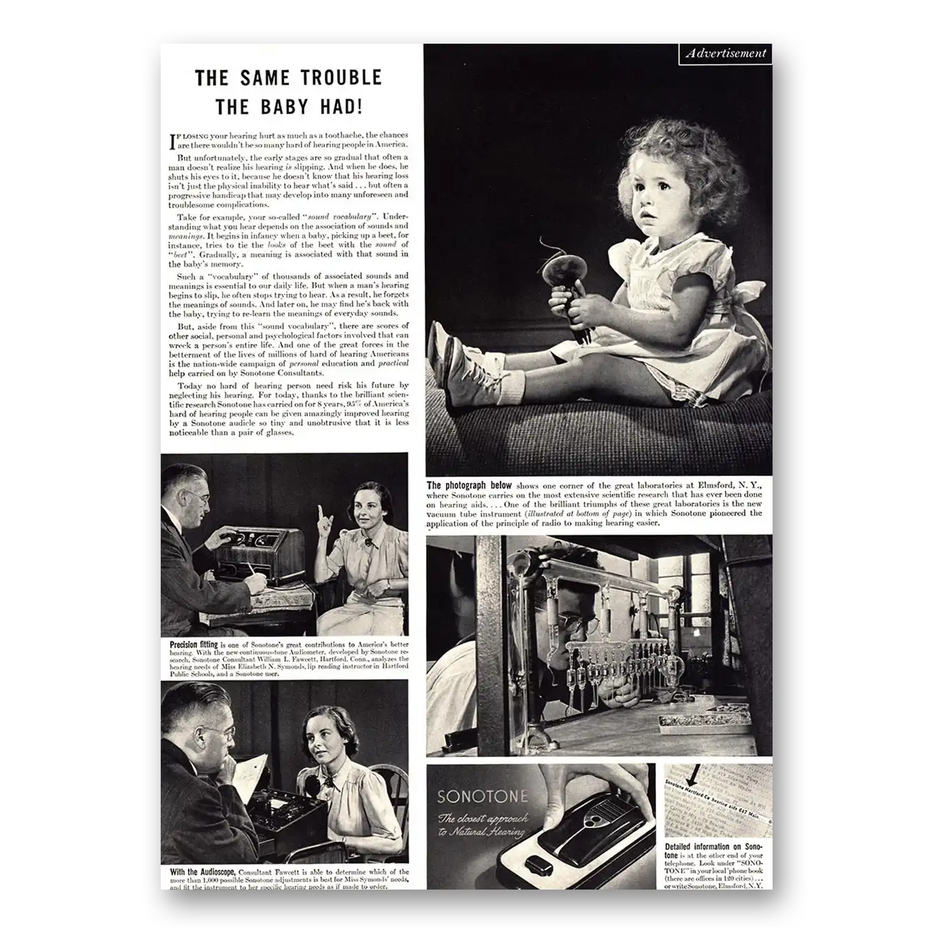 1940 Sonotone Hearing Aid Same Trouble the Baby Had Vintage Magazine Print Ad