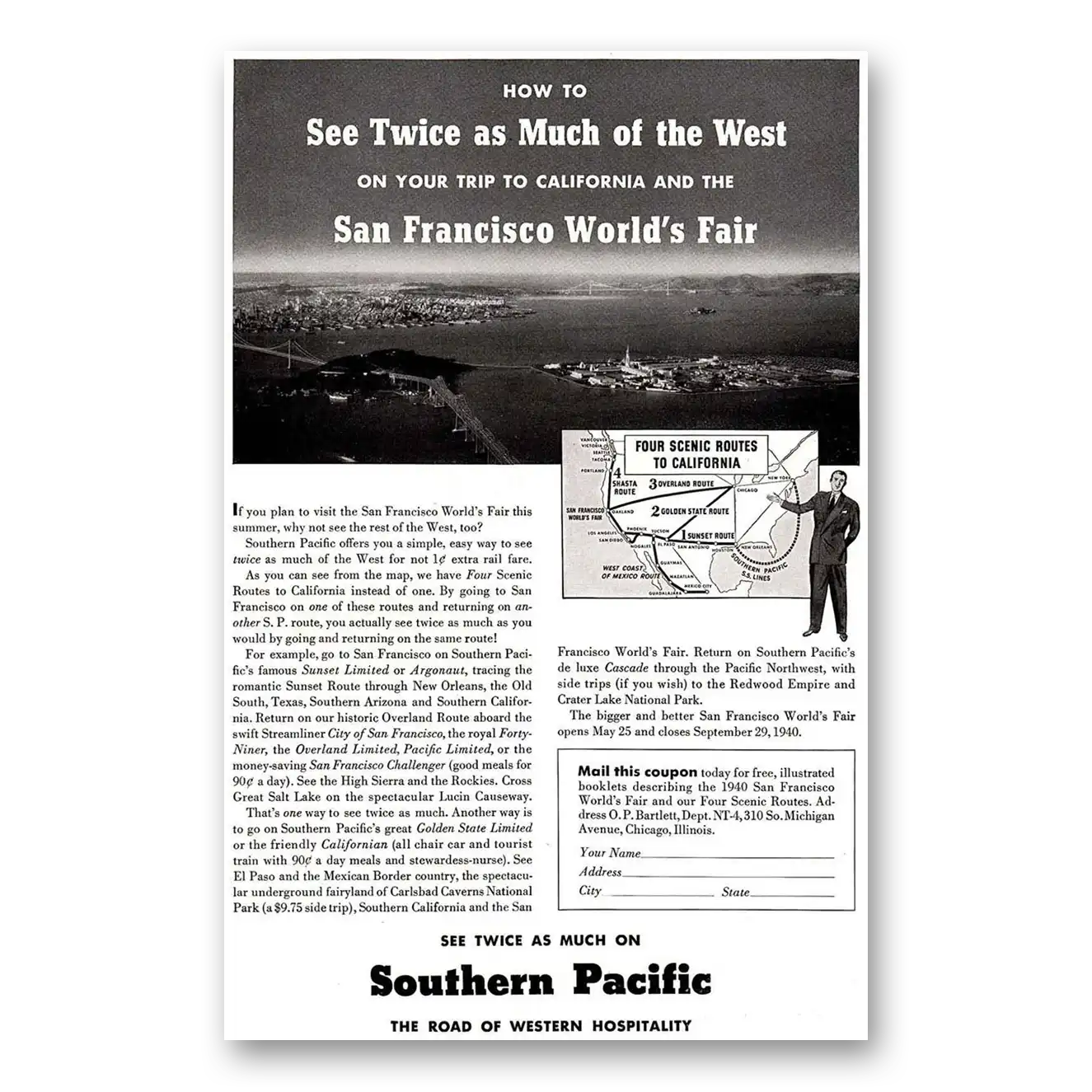 1940 Southern Pacific San Francisco Worlds Fair Vintage Magazine Print Ad