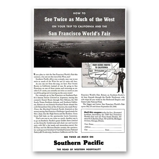 1940 Southern Pacific San Francisco Worlds Fair Vintage Magazine Print Ad