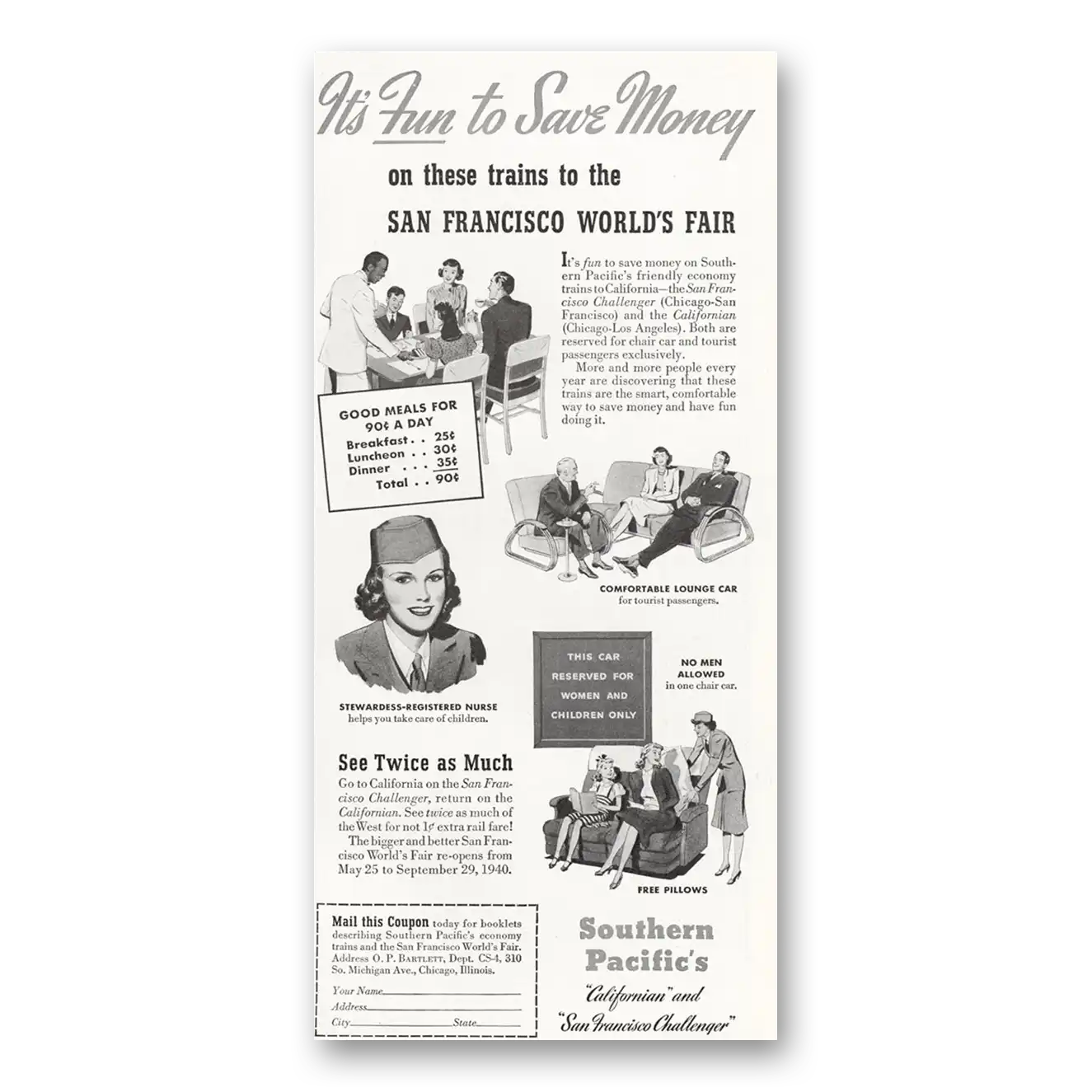 1940 Southern Pacific San Franciscos World Fair Vintage Magazine Print Ad