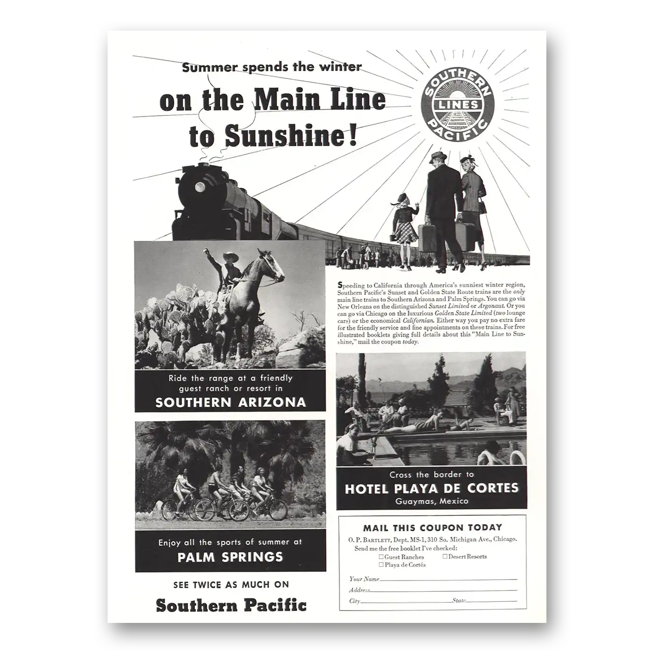 1940 Southern Pacific Main Line to Sunshine Vintage Magazine Print Ad