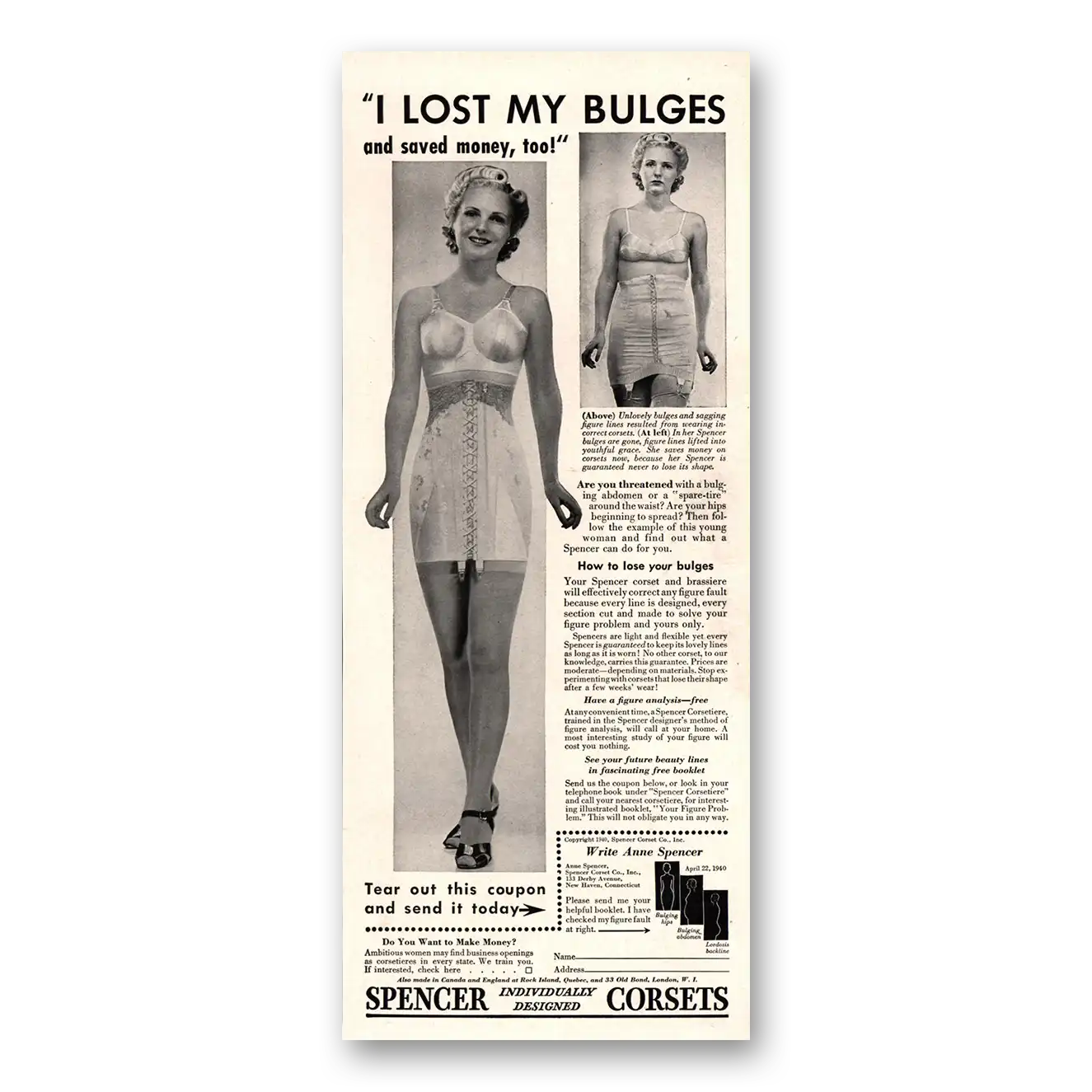 1940 Spencer Corsets I Lost My Bulges Vintage Magazine Print Ad