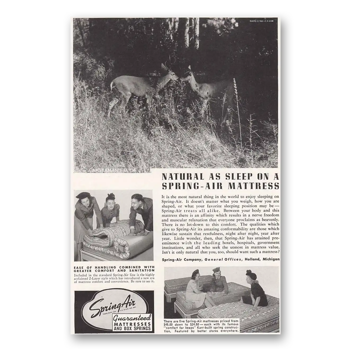 1940 Spring Air Mattress Natural As Sleep Deer Vintage Magazine Print Ad