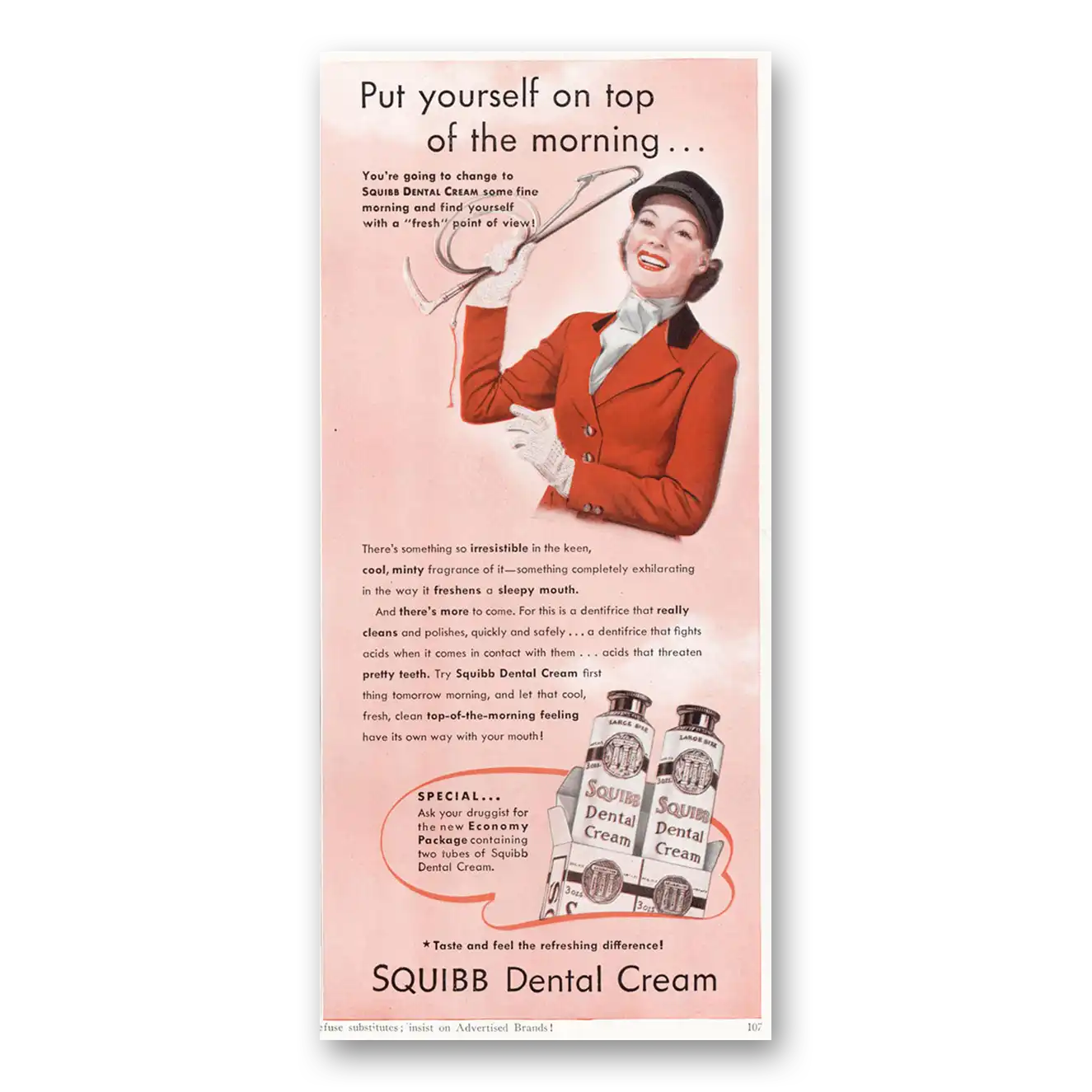 1940 Squibb Dental Cream Put Yourself On Top of the Morning Vintage Magazine Print Ad