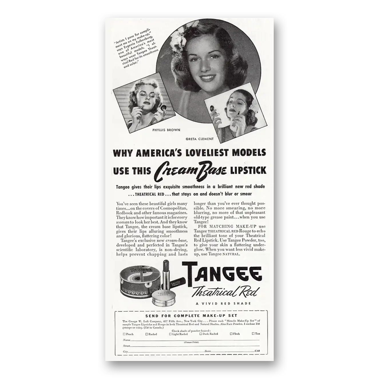 1940 Tangee Theatrical Red Lipstick Loveliest Models Vintage Magazine Print Ad