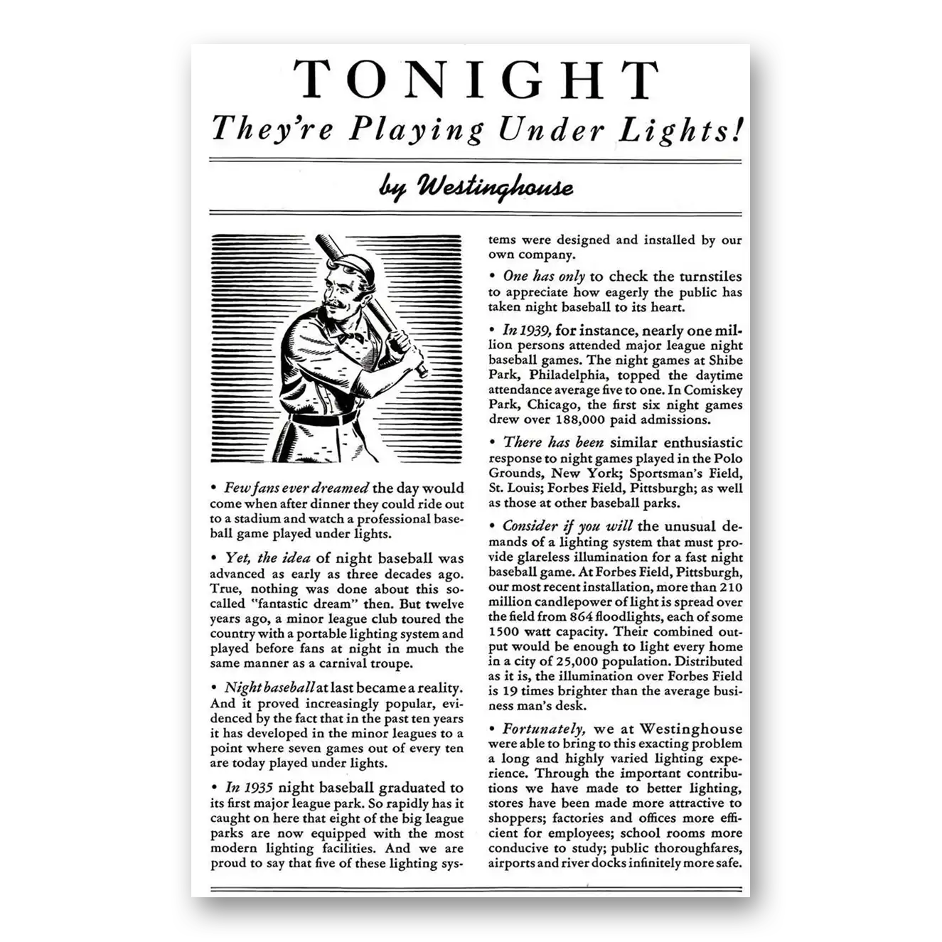 1940 Westinghouse Playing Under the Lights Baseball Vintage Magazine Print Ad