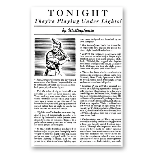 1940 Westinghouse Playing Under the Lights Baseball Vintage Magazine Print Ad