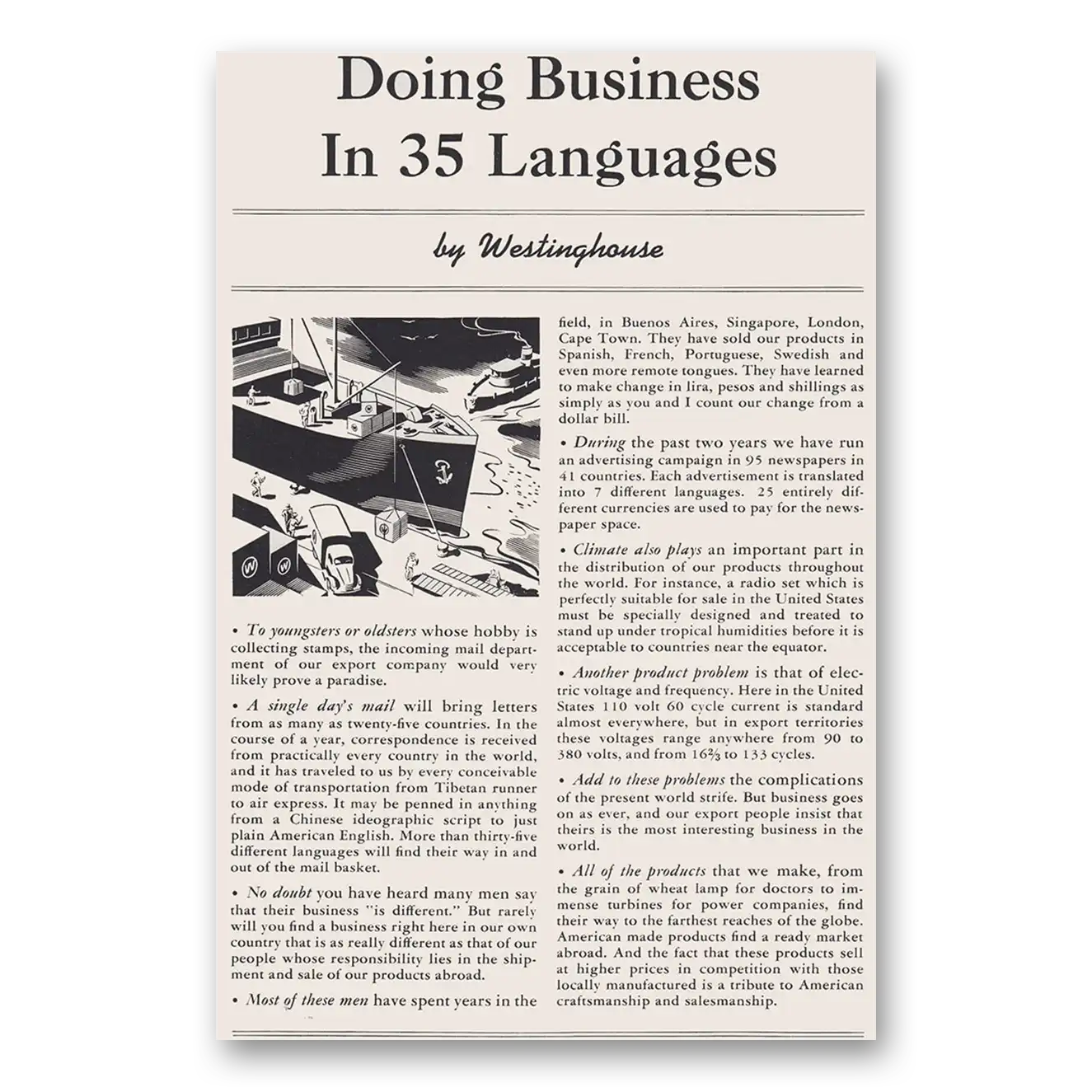 1940 Westinghouse Doing Business in 35 Languages Vintage Magazine Print Ad