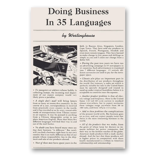 1940 Westinghouse Doing Business in 35 Languages Vintage Magazine Print Ad