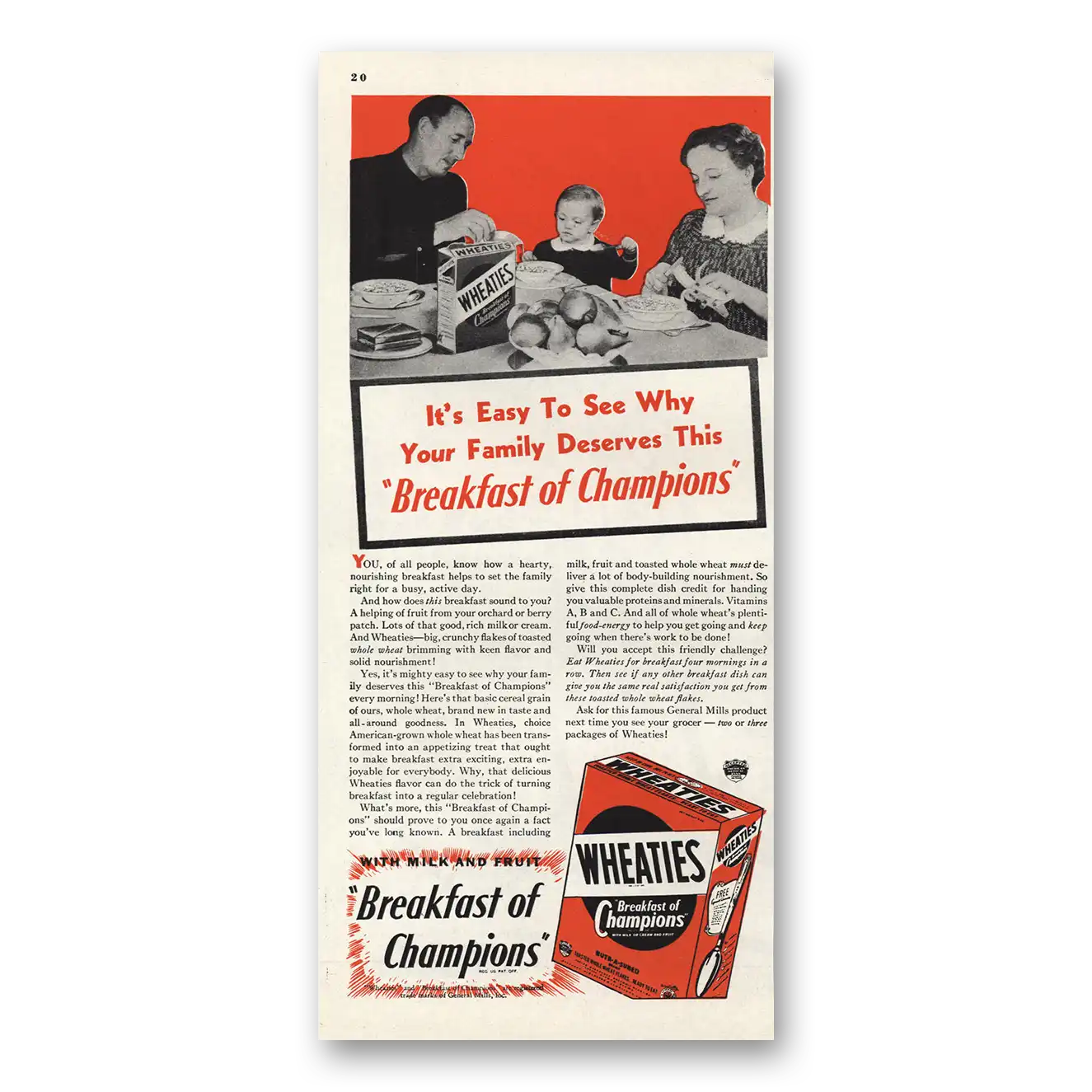 1940 Wheaties Cereal Breakfast of Champions Vintage Magazine Print Ad