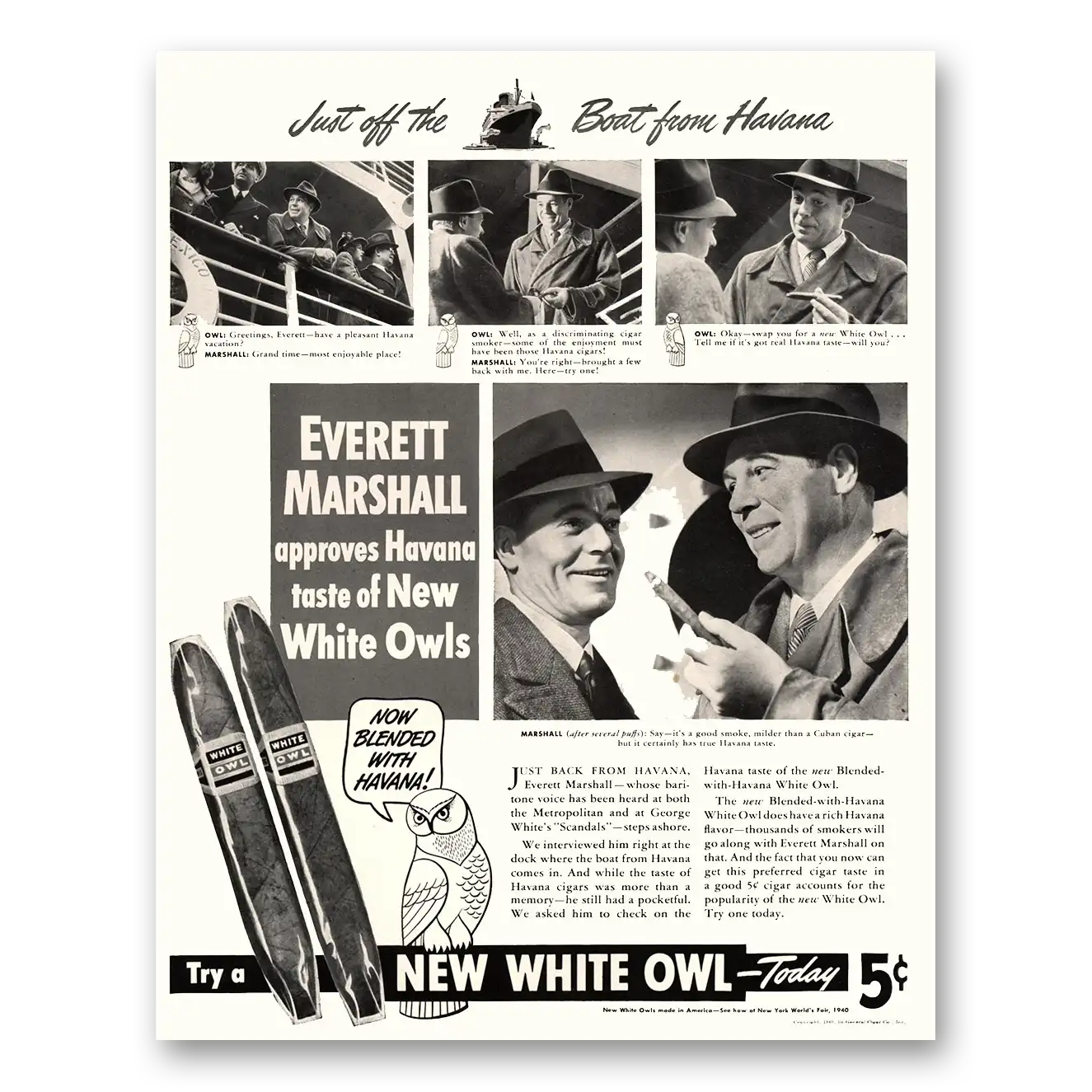 1940 White Owl Cigars Off the Boat From Havana Vintage Magazine Print Ad