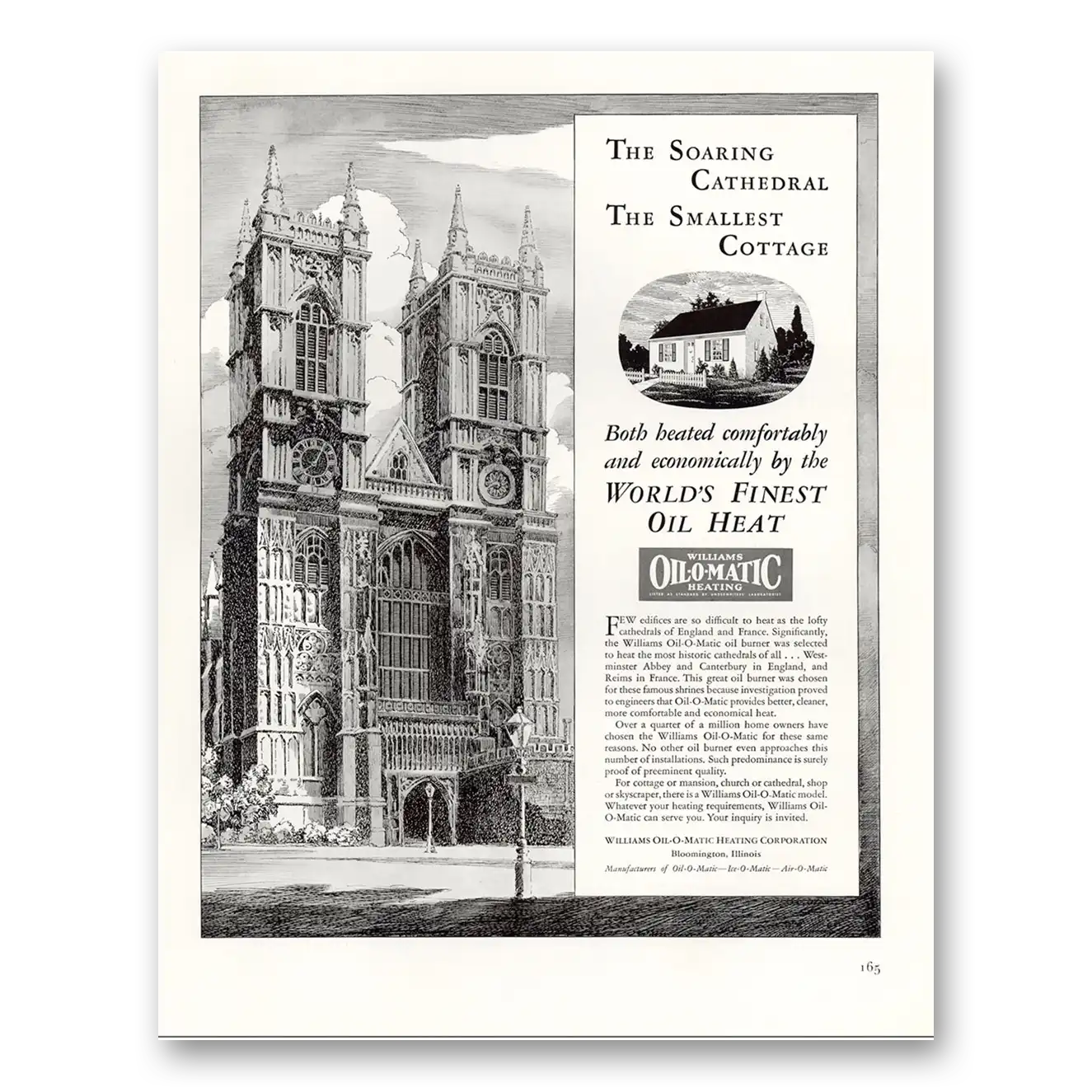 1940 Williams Oil-O-Matic Soaring Cathedral Smallest Cottage Vintage Magazine Print Ad