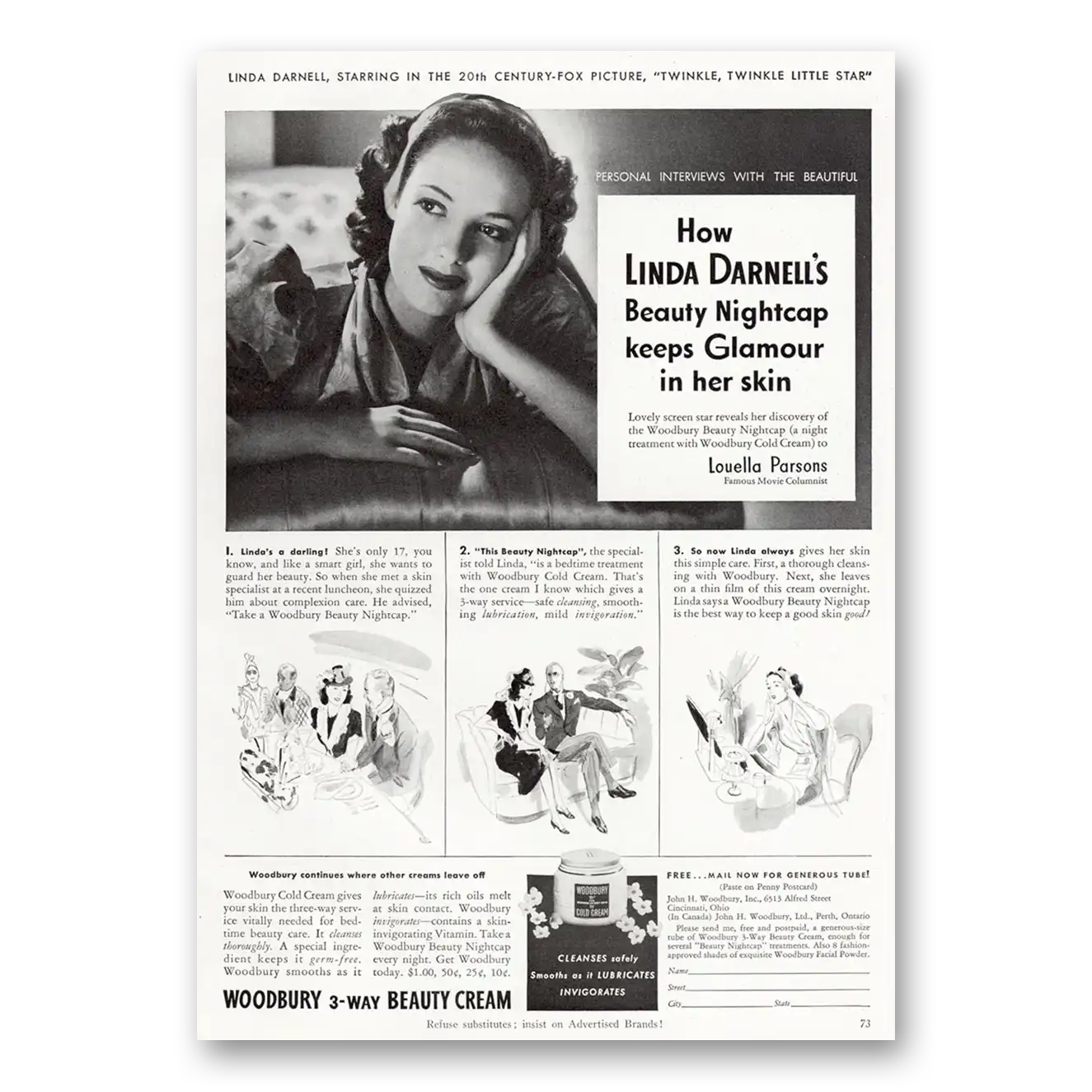 1940 Woodbury Beauty Cream Linda Darnell and Louella Parsons Vintage Magazine Print Ad