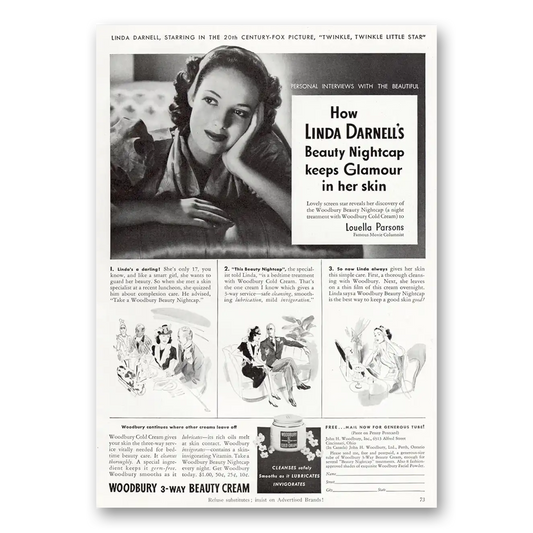 1940 Woodbury Beauty Cream Linda Darnell and Louella Parsons Vintage Magazine Print Ad