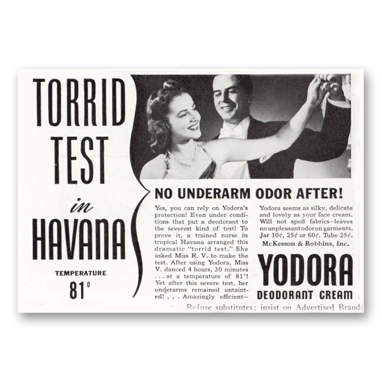 1940 Yodora Deoderant Cream Torrid Test in Havana Vintage Magazine Print Ad