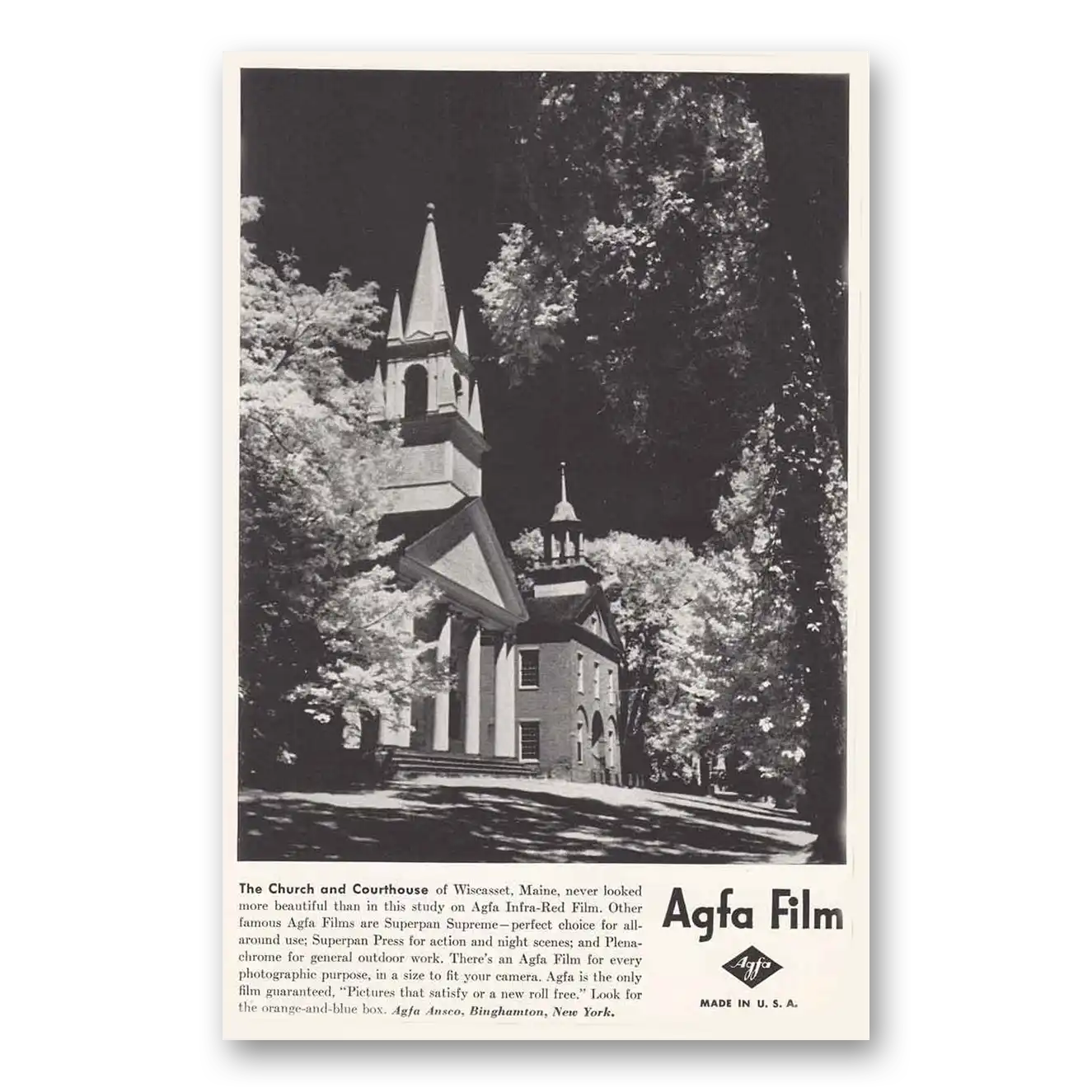 1941 Agfa Film Church and Courthouse Wiscasset Main Vintage Magazine Print Ad