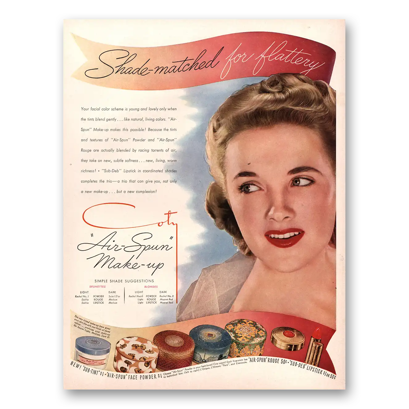 1941 Air Spun Make Up Shade Matched for Flattery Vintage Magazine Print Ad