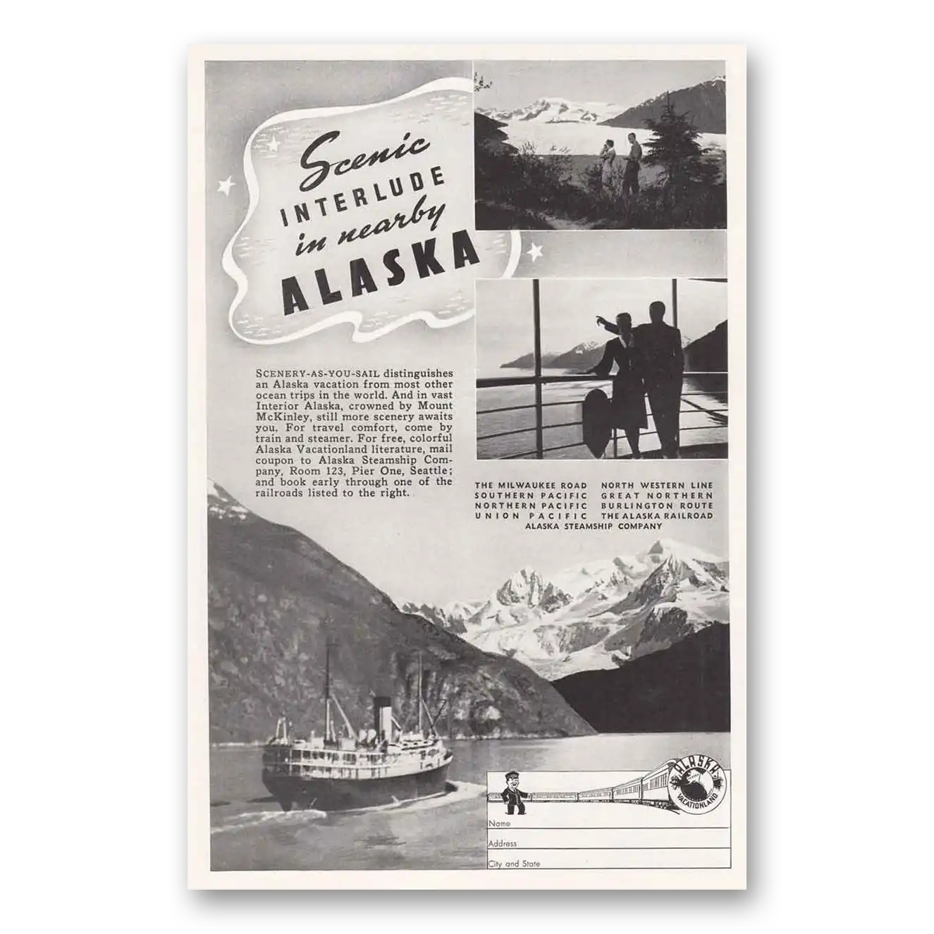 1941 Alaska Steamship Co Scenic Interlude In Nearby Alaska Vintage Magazine Print Ad