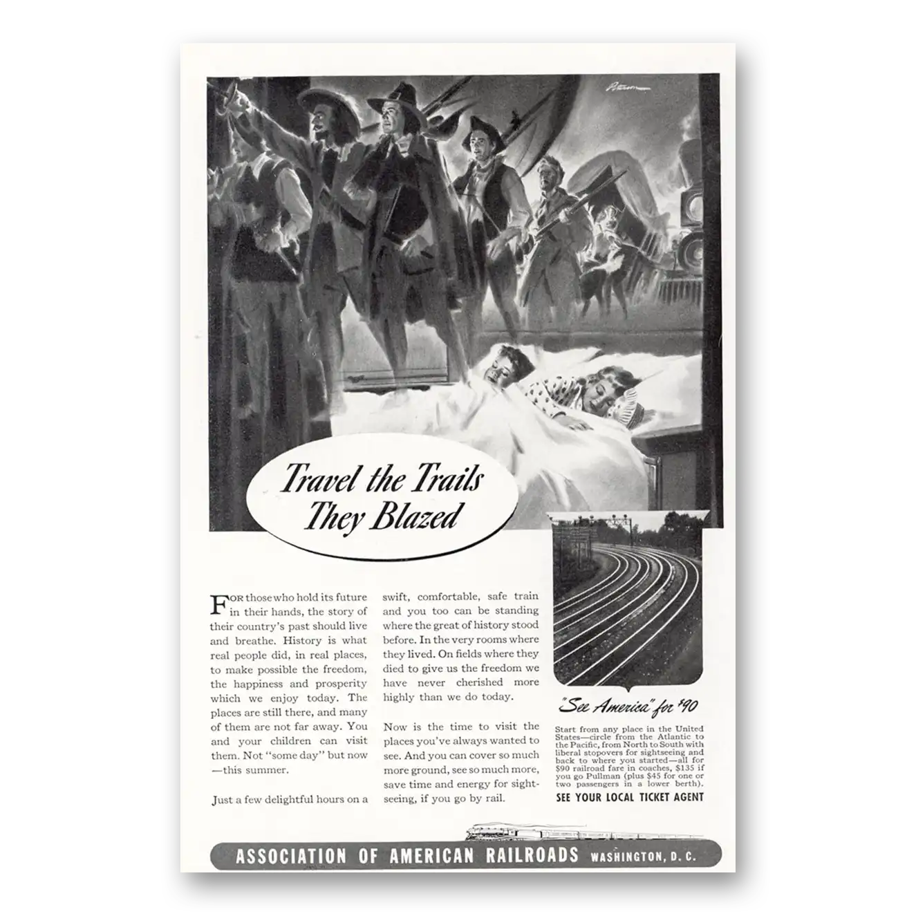 1941 Association of American Railroads Travel the Trails They Blazed Vintage Magazine Print Ad