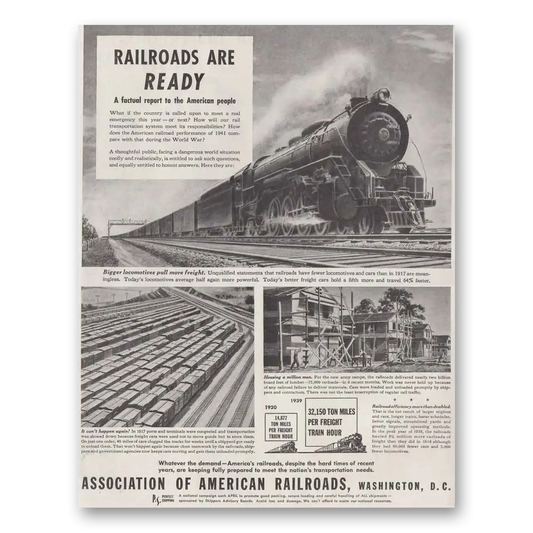 1941 Association of American Railroads Railroads Are Ready Vintage Magazine Print Ad