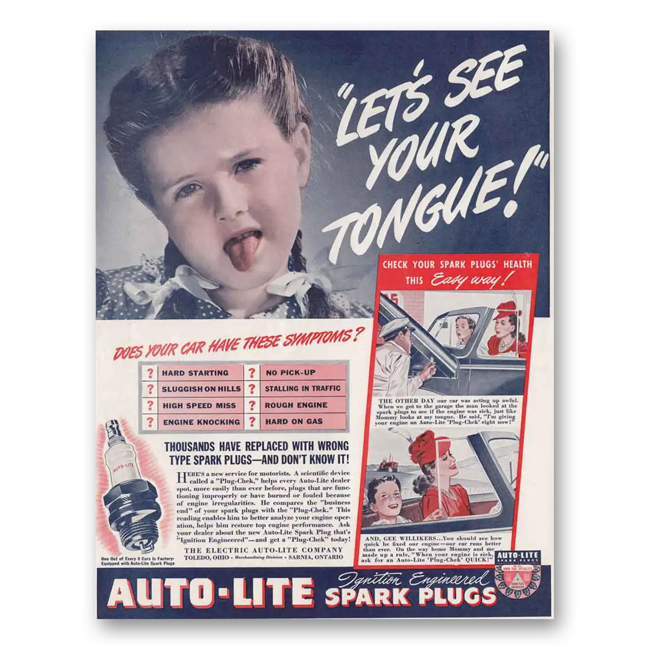 1941 Autolite Spark Plugs Lets See Your Tongue Vintage Magazine Print Ad