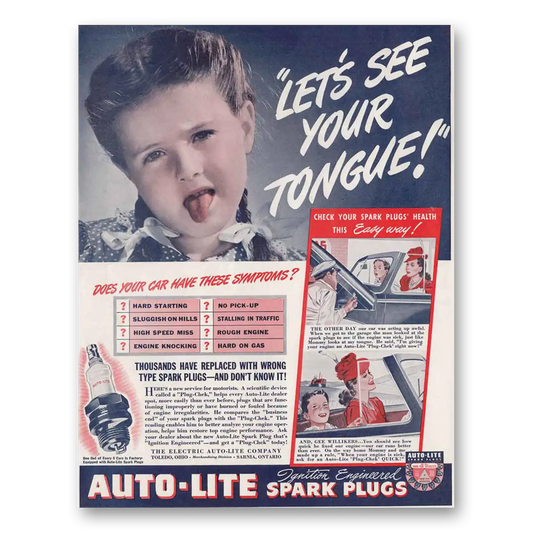 1941 Autolite Spark Plugs Lets See Your Tongue Vintage Magazine Print Ad