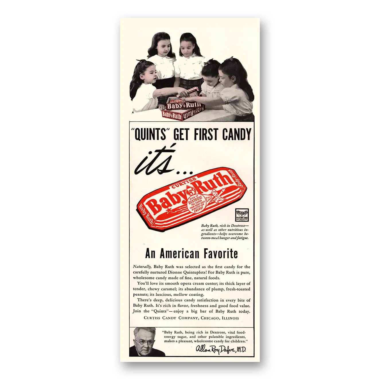 1941 Baby Ruth Quints Get First Candy Vintage Magazine Print Ad