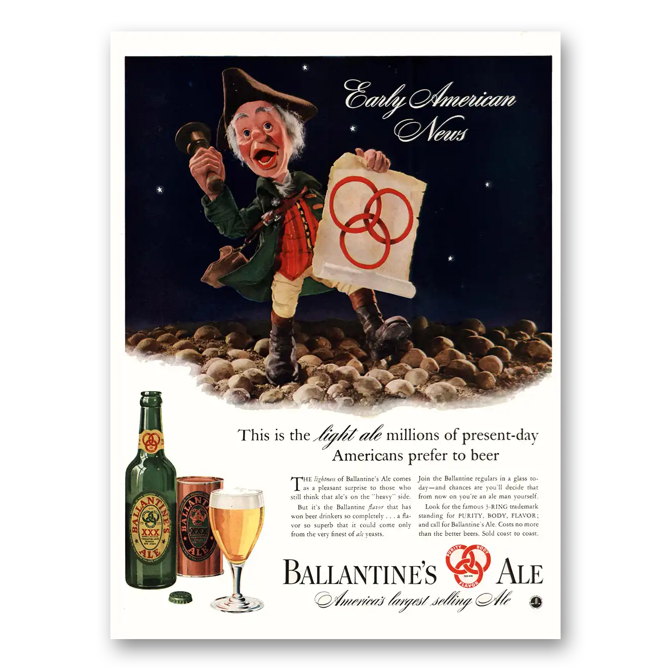 1941 Ballantines Ale Early American News Vintage Magazine Print Ad