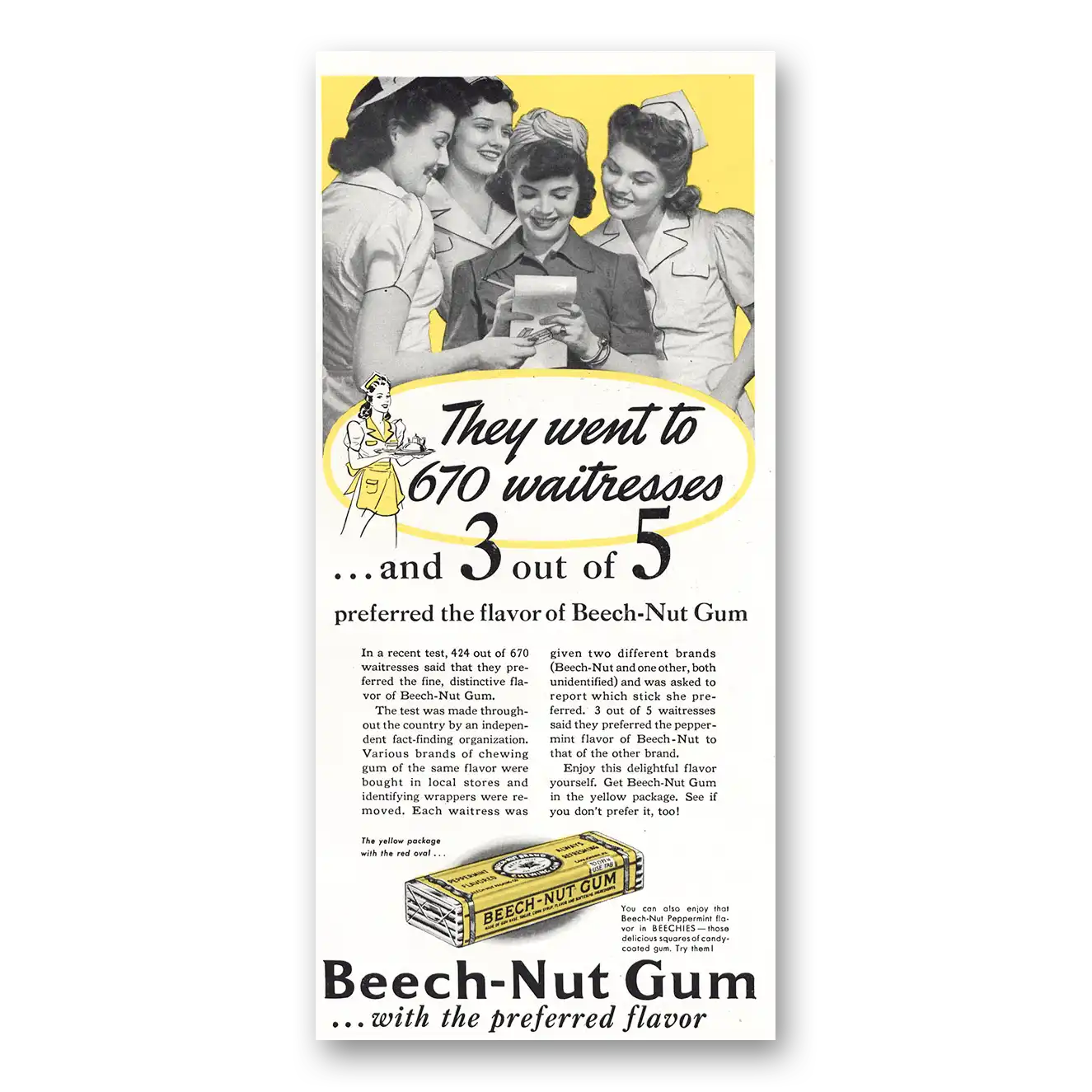 1941 Beech Nut Gum They Went to 670 Waitresses Vintage Magazine Print Ad